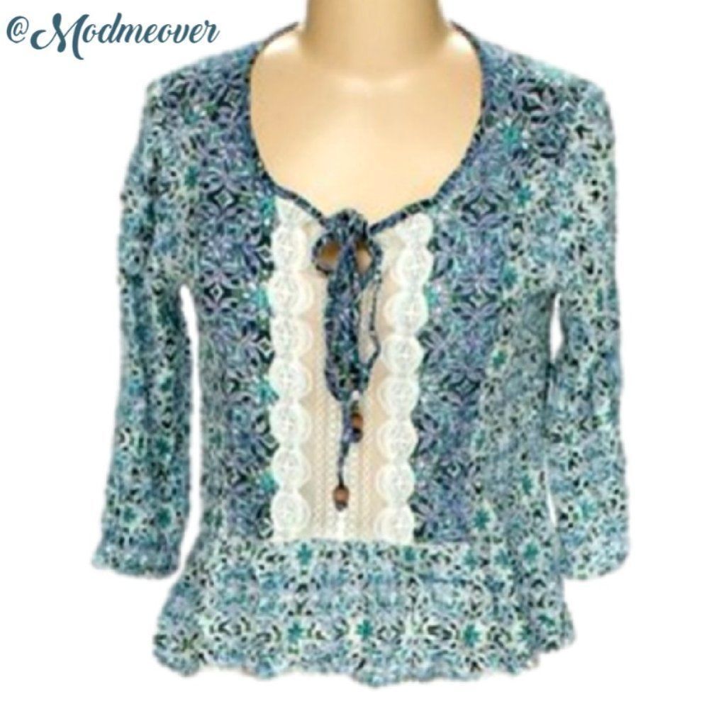 Turquoise & Lace Tribal Print Peasant Top NEW